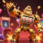 Experience thrilling wins at luongsontv with an explosive golden gorilla mech celebrating success in a vibrant gambling scene.