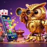 Experience the thrill of 555win's gaming world with a vibrant 3D casino illustration featuring a golden owl and dynamic game elements.