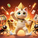 Experience the excitement of lolajack casino with a vibrant 3D illustration of a mummy cat and golden elements.