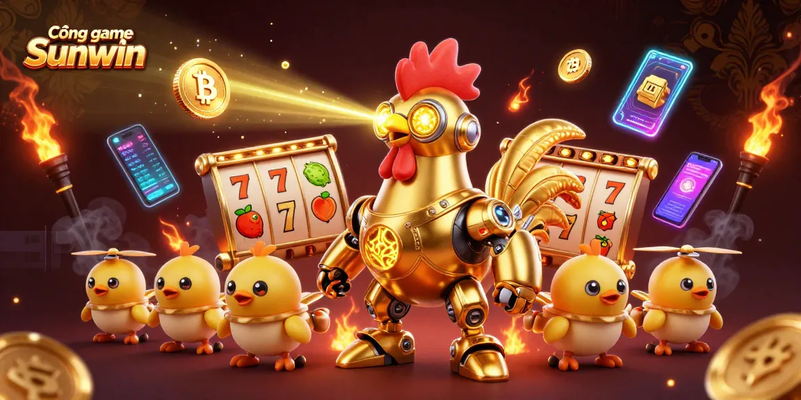 Cổng game Sunwin showcases an exciting 3D illustration of a golden rooster robot with baby chick drones amidst vibrant casino game elements.