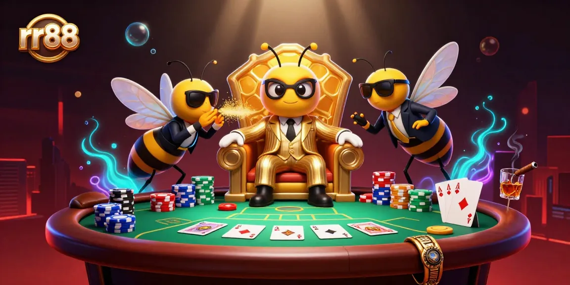 rr88 showcases a vibrant 3D casino scene with iconic game elements cascading around the cartoon mob boss, enhancing gameplay experience