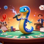 Sunwin players enjoying a vibrant underwater casino atmosphere with electric eel DJ and exciting poker action.
