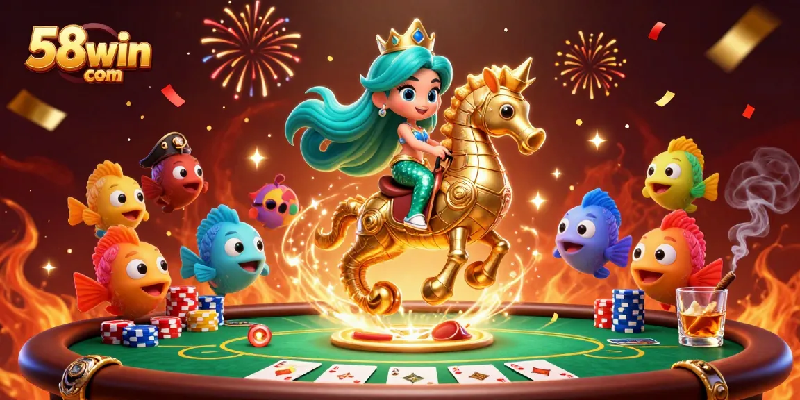 Engage in thrilling gameplay at 58win com with vibrant characters, poker scenes, and festive elements.