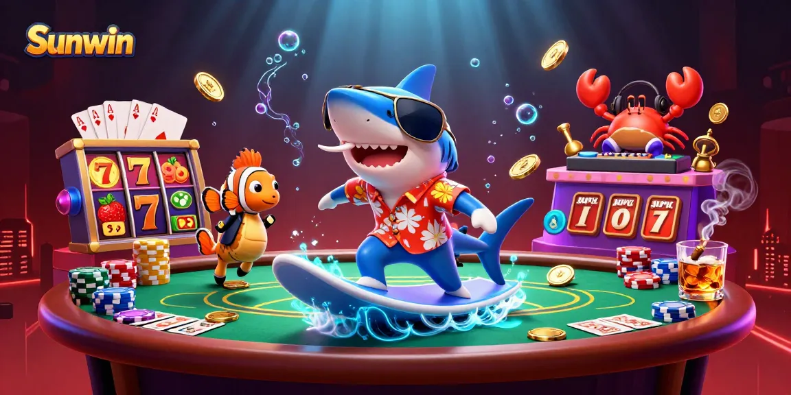 Sunwin offers a thrilling experience with a vibrant 3D casino scene featuring golden coins, slot reels, and playful characters.