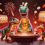 Engage with 58win and witness a thrilling 3D casino scene featuring vibrant gameplay elements and a whimsical dinosaur deal the cards.