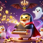Experience the excitement of nohu90 with a vibrant scene of a penguin playing a golden organ amidst a whirlwind of colorful lottery elements.