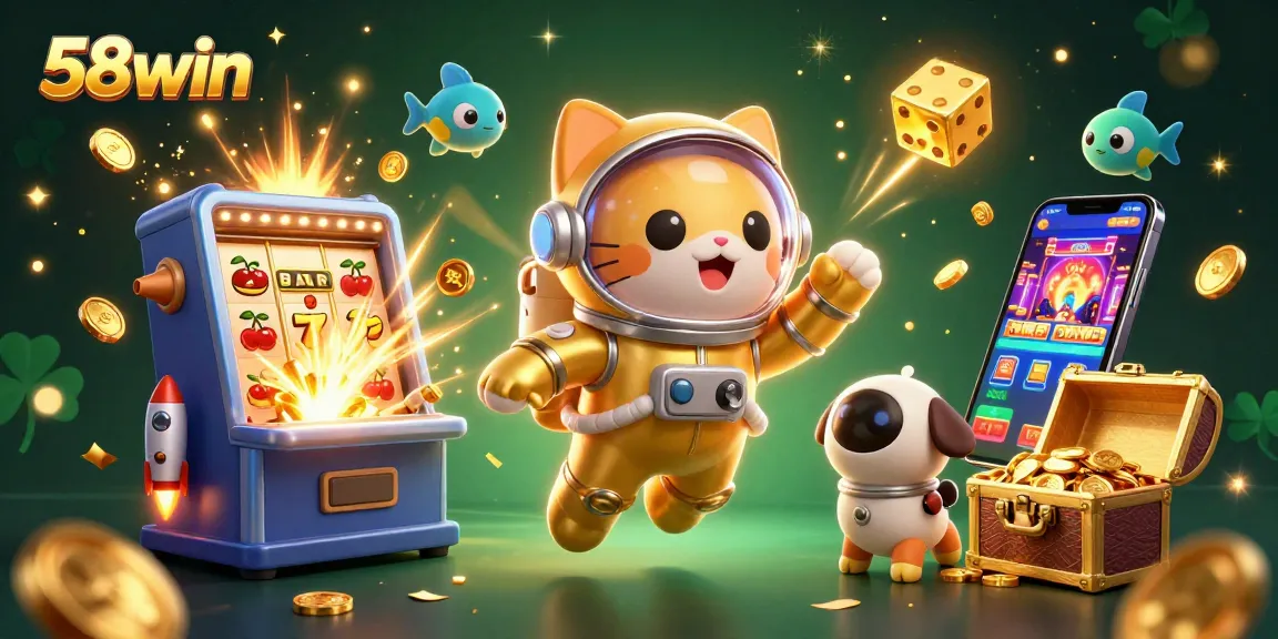 Experience the thrilling atmosphere of 58win with vibrant slot machines and dynamic casino elements in a unique cosmic setting.