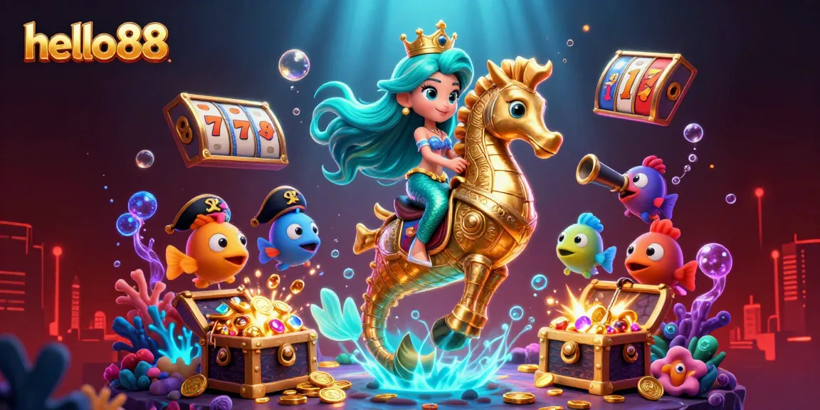 Experience thrilling gameplay at hello88 with our vibrant underwater casino scene featuring slot reels and treasures.