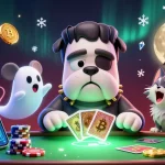 Engage with 88aa com as a Frankenstein bulldog monster deals cards amidst a vibrant crypto casino.