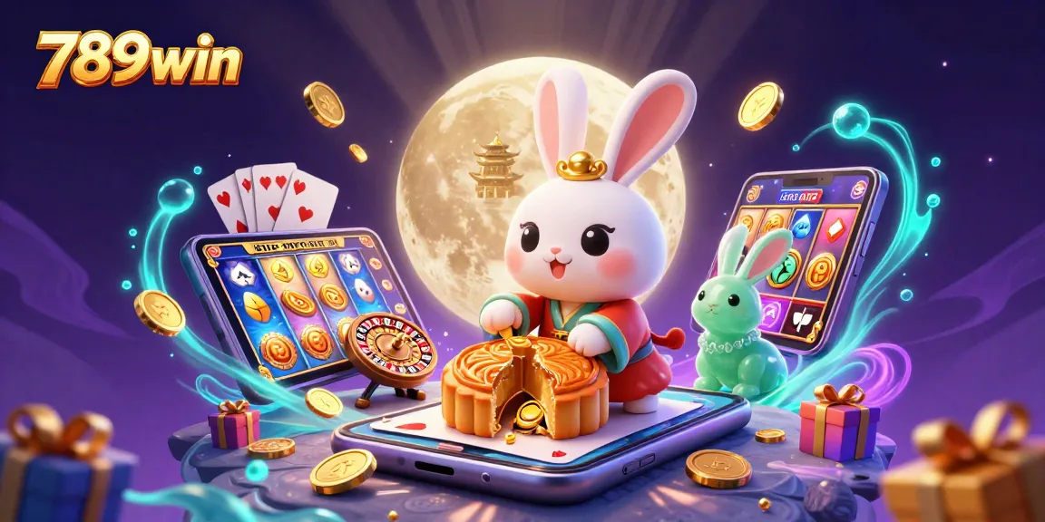 Experience thrilling gaming at 789win with a moon rabbit revealing poker chips and slot games.
