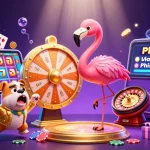 Engage with j188's dynamic gameplay, featuring a flamingo host, bulldog contestant, and exciting cartoon casino elements.