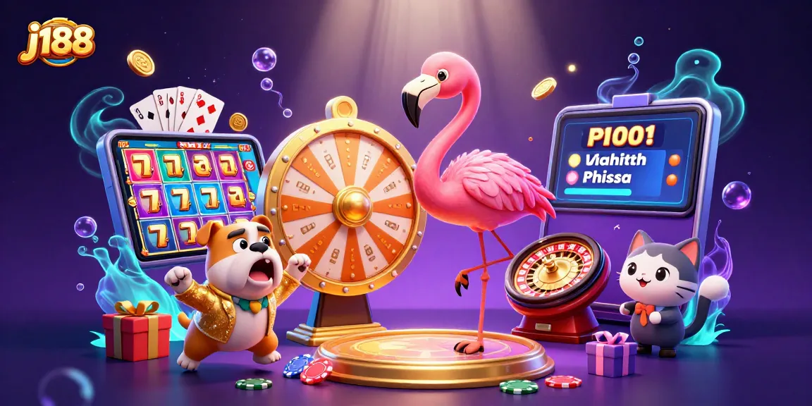 Engage with j188's dynamic gameplay, featuring a flamingo host, bulldog contestant, and exciting cartoon casino elements.