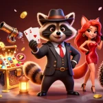 Navigating NK88 with a suave raccoon and a stylish lady in a vibrant casino scene.