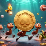 KK55 casino-themed illustration featuring ants carrying a giant poker chip amidst dynamic sports balls.