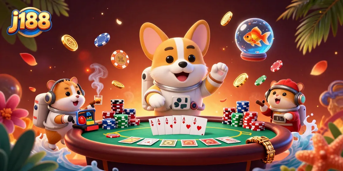 Engage with j188 through this vibrant scene of floating casino fun featuring a corgi, hamster, and goldfish.