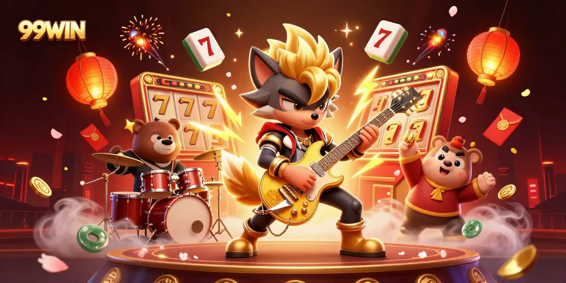Experience the thrill of 99WIN with a vibrant casino stage scene featuring dynamic characters and slot game elements.